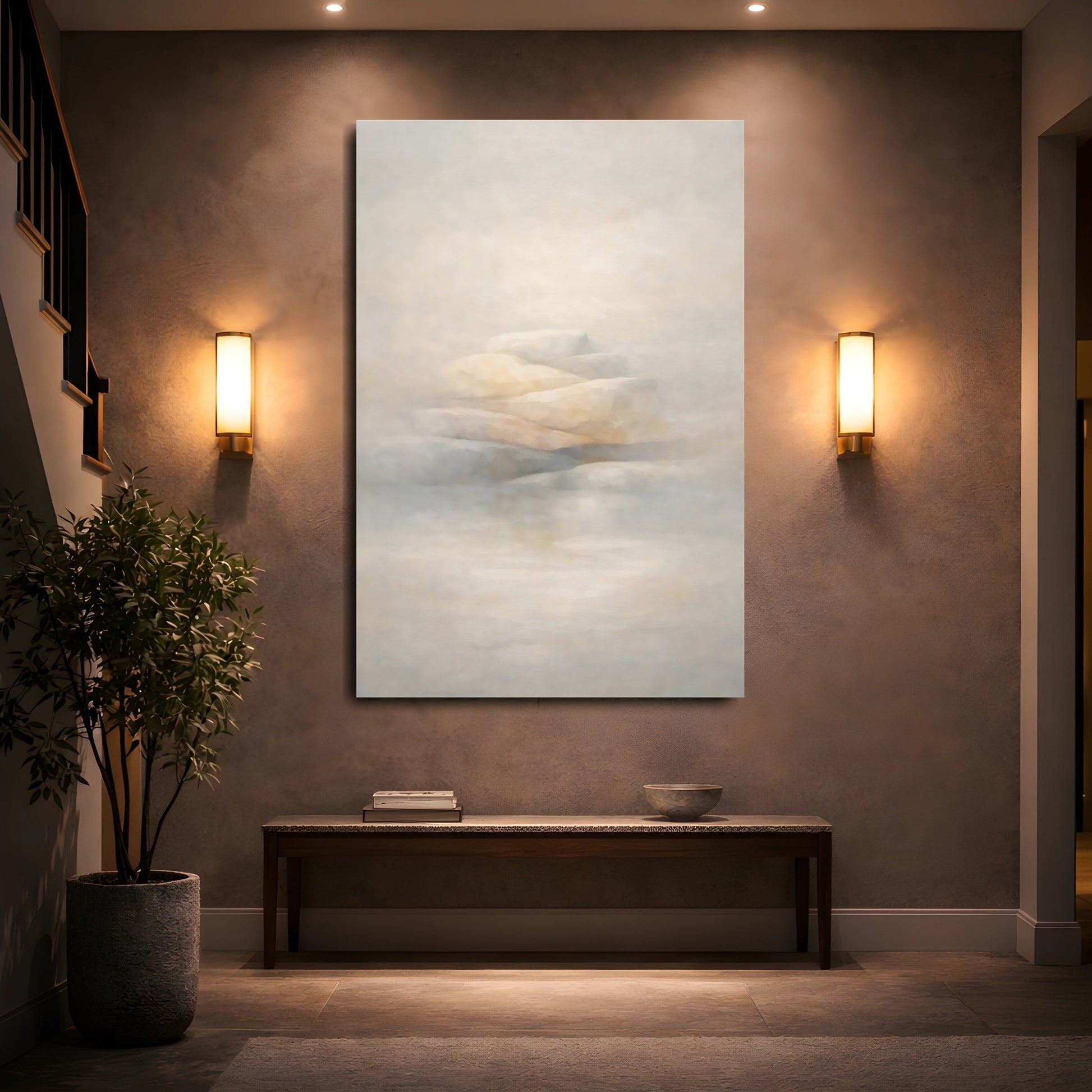 Mockup 4. Nature Stacked Stones Misty Beige Stones shown as stretched canvas wall art