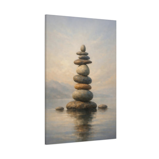 Main Mockup. Nature Stacked Stones Neutral Stone Balance shown as stretched canvas wall art