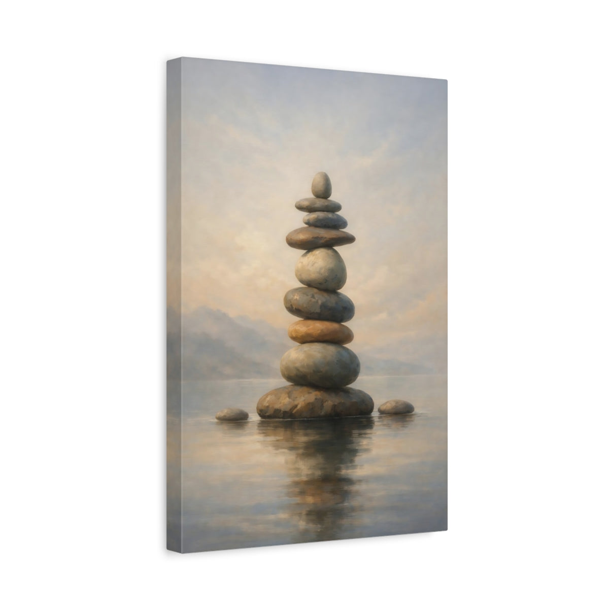Side Mockup 4. Nature Stacked Stones Neutral Stone Balance shown as stretched canvas wall art