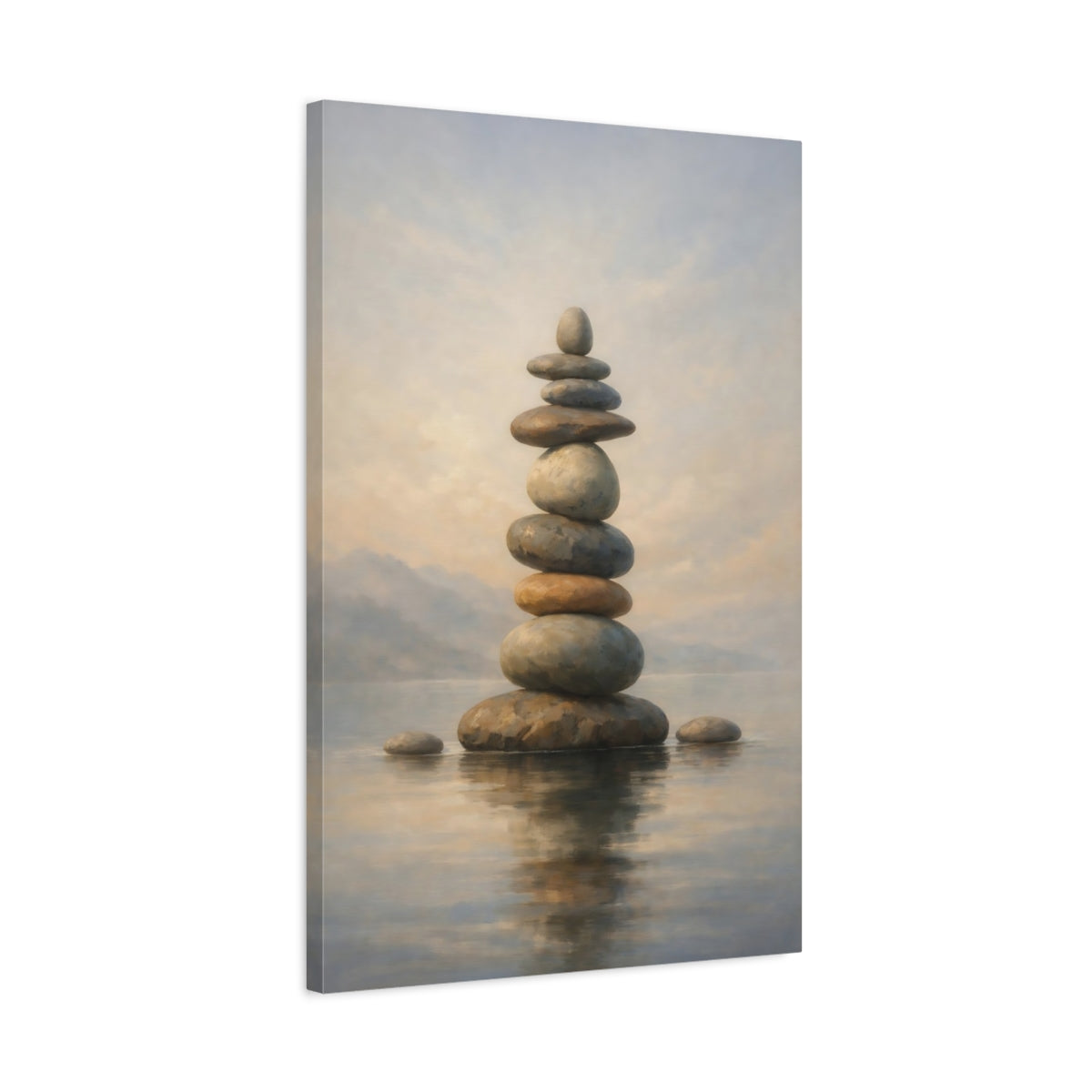 Side Mockup 2. Nature Stacked Stones Neutral Stone Balance shown as stretched canvas wall art
