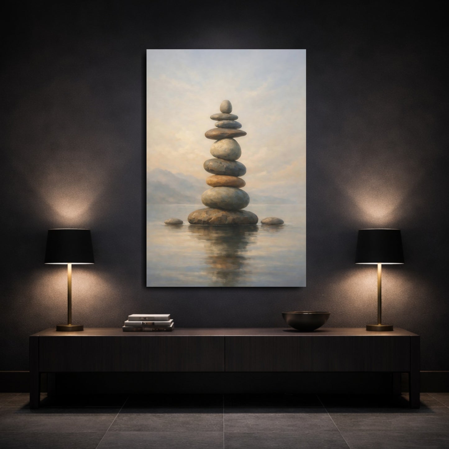 Mockup 2. Nature Stacked Stones Neutral Stone Balance shown as stretched canvas wall art
