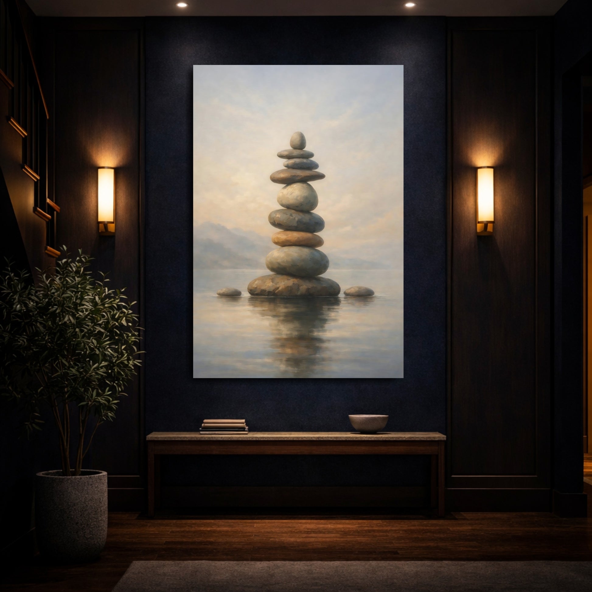 Mockup 3. Nature Stacked Stones Neutral Stone Balance shown as stretched canvas wall art