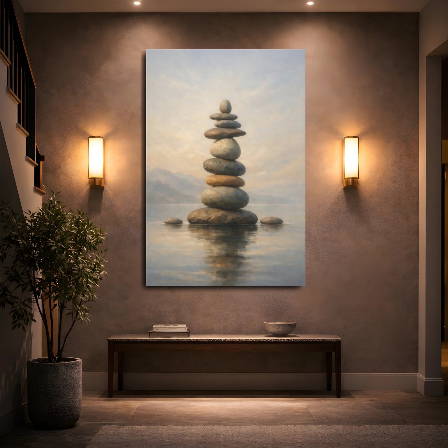 Mockup 4. Nature Stacked Stones Neutral Stone Balance shown as stretched canvas wall art