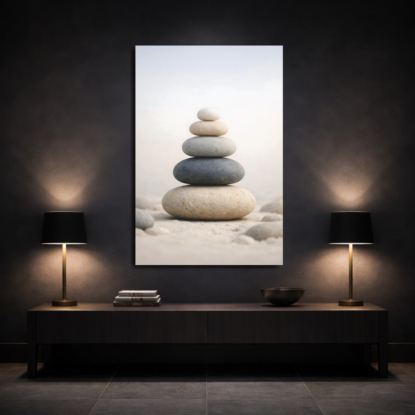 Nature Stacked Stones Neutral Stone Stack shown as front canvas room wall art