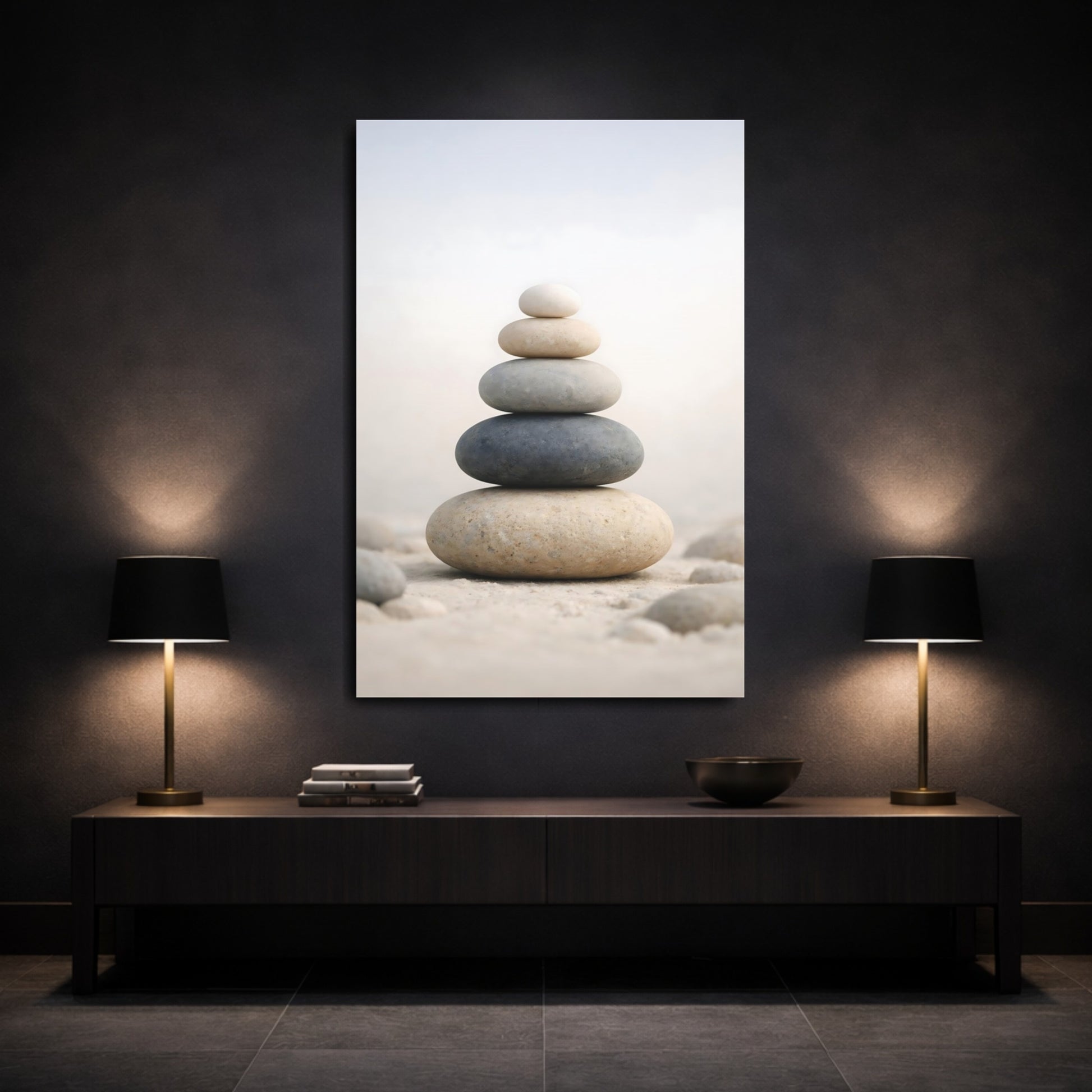 Nature Stacked Stones Neutral Stone Stack shown as front canvas room wall art