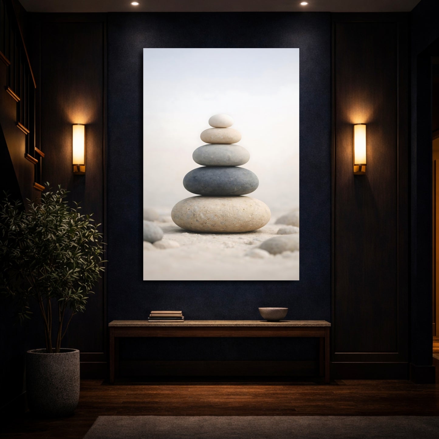 Nature Stacked Stones Neutral Stone Stack shown as front canvas room wall art
