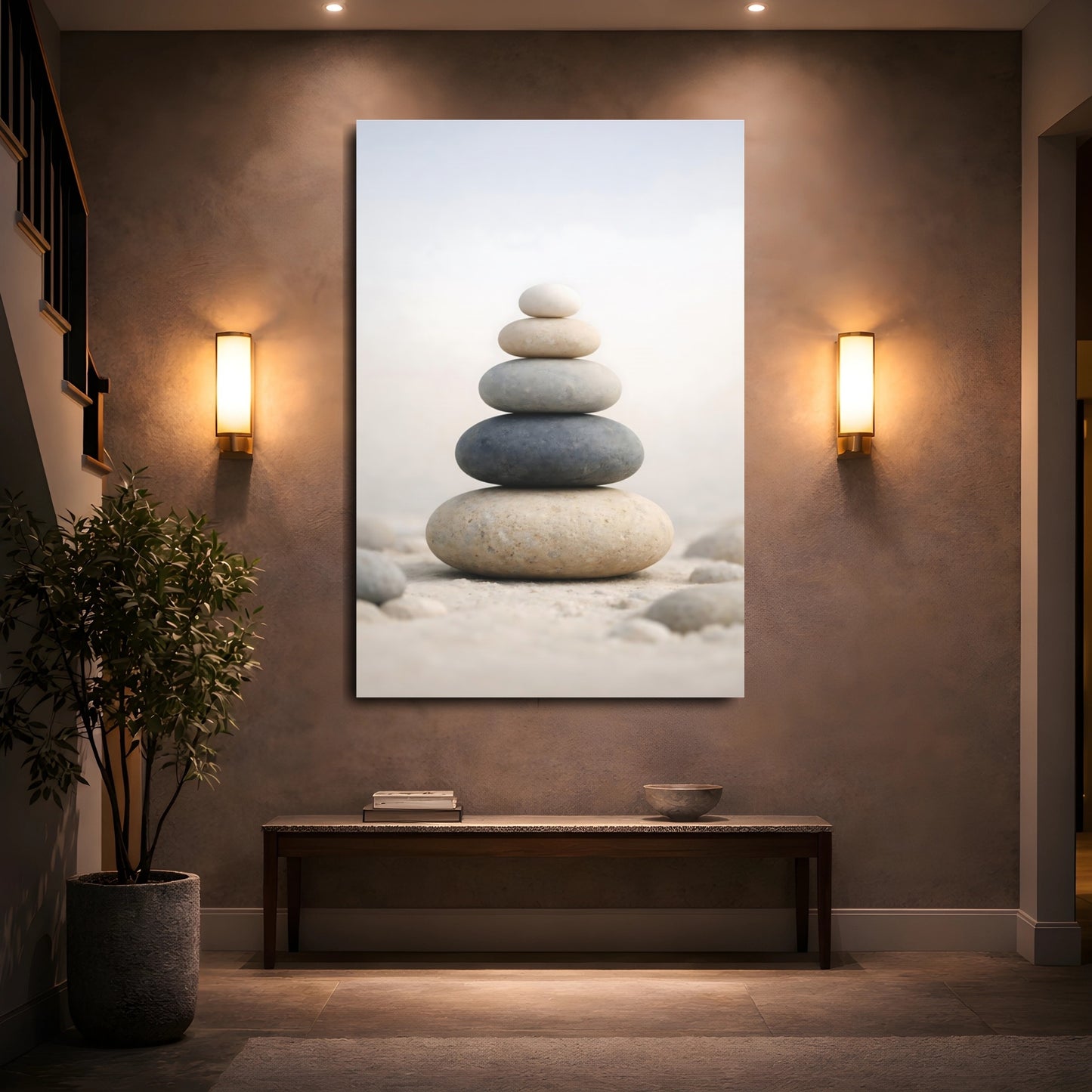 Nature Stacked Stones Neutral Stone Stack shown as front canvas room wall art