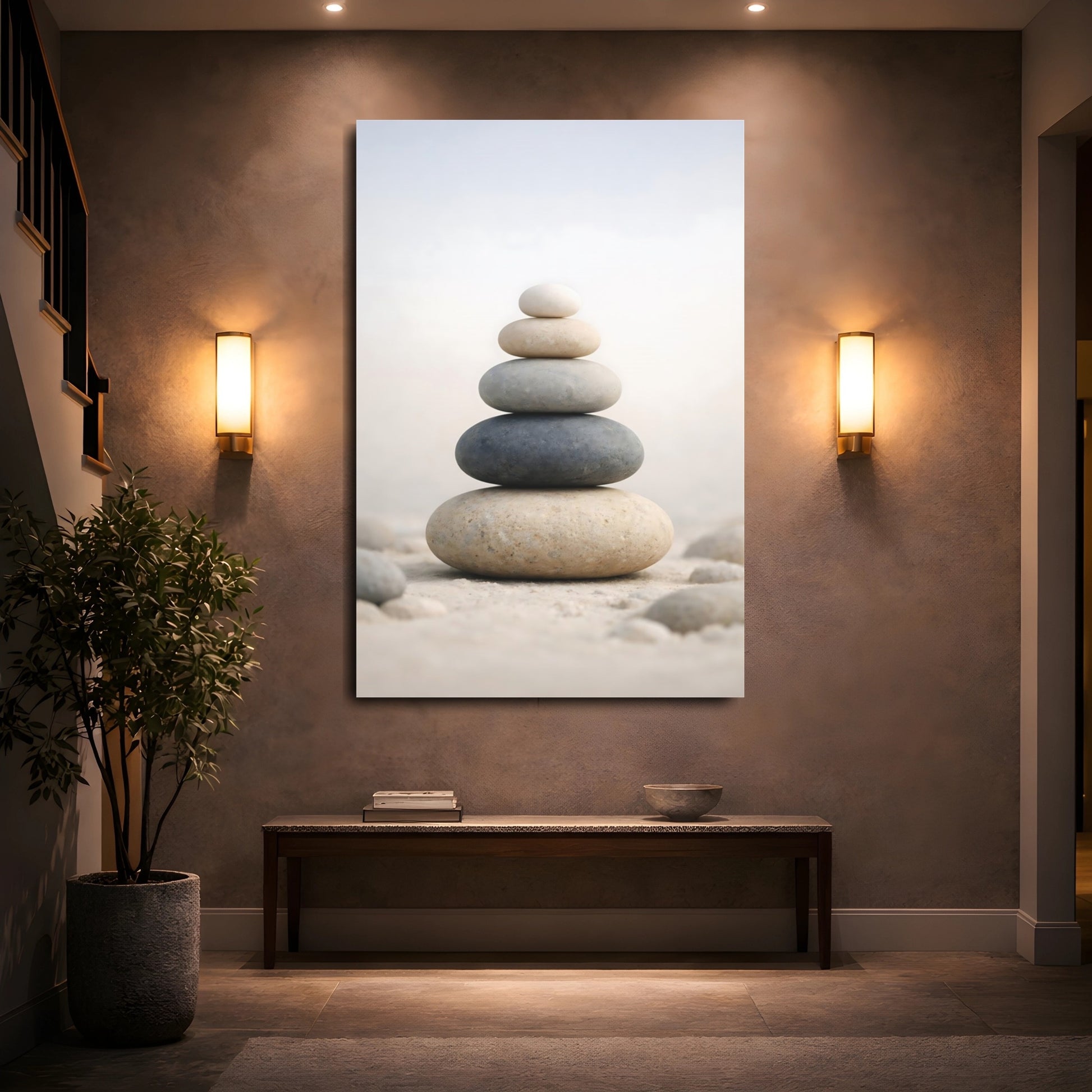 Nature Stacked Stones Neutral Stone Stack shown as front canvas room wall art