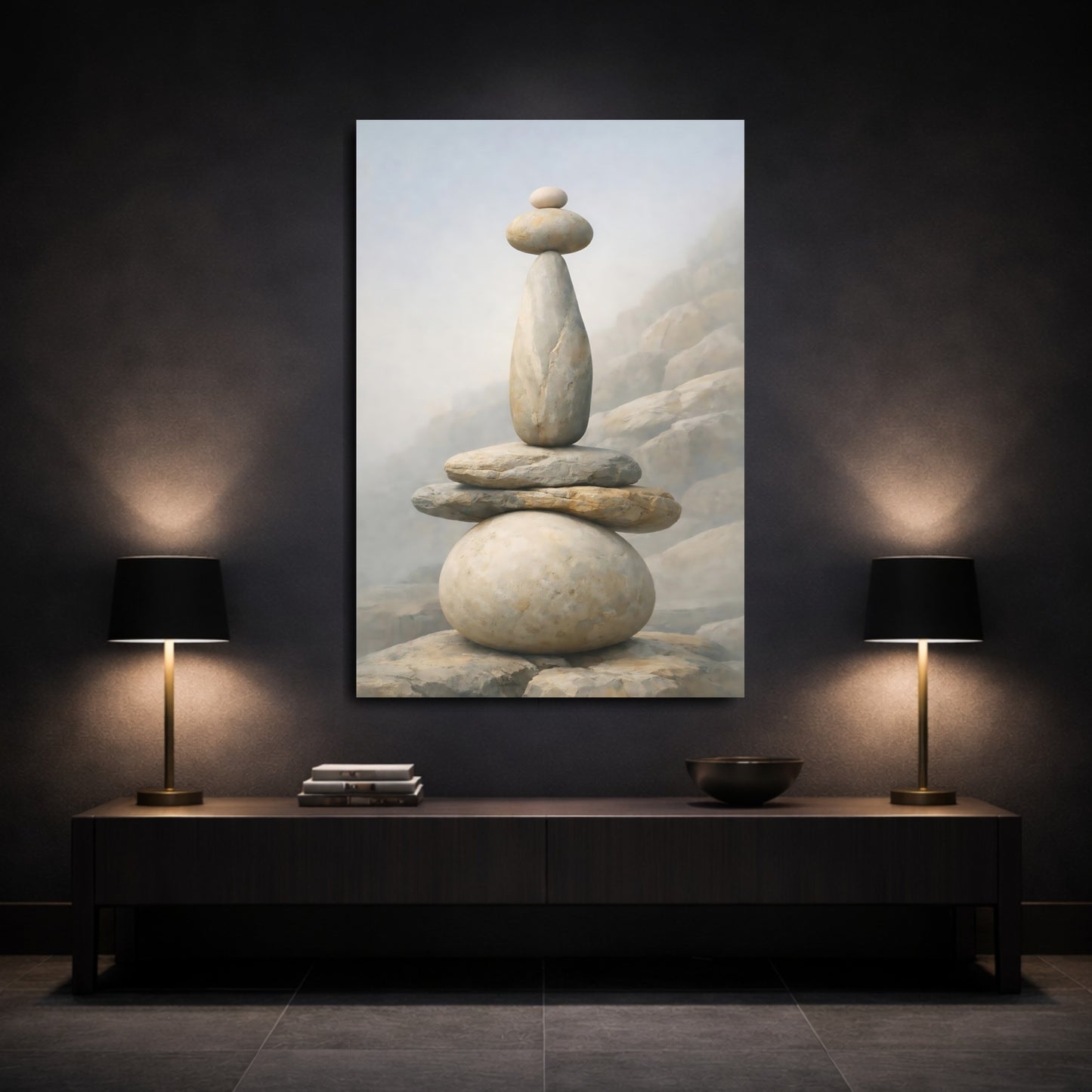 Mockup 2. Nature Stacked Stones Neutral Stones shown as stretched canvas wall art