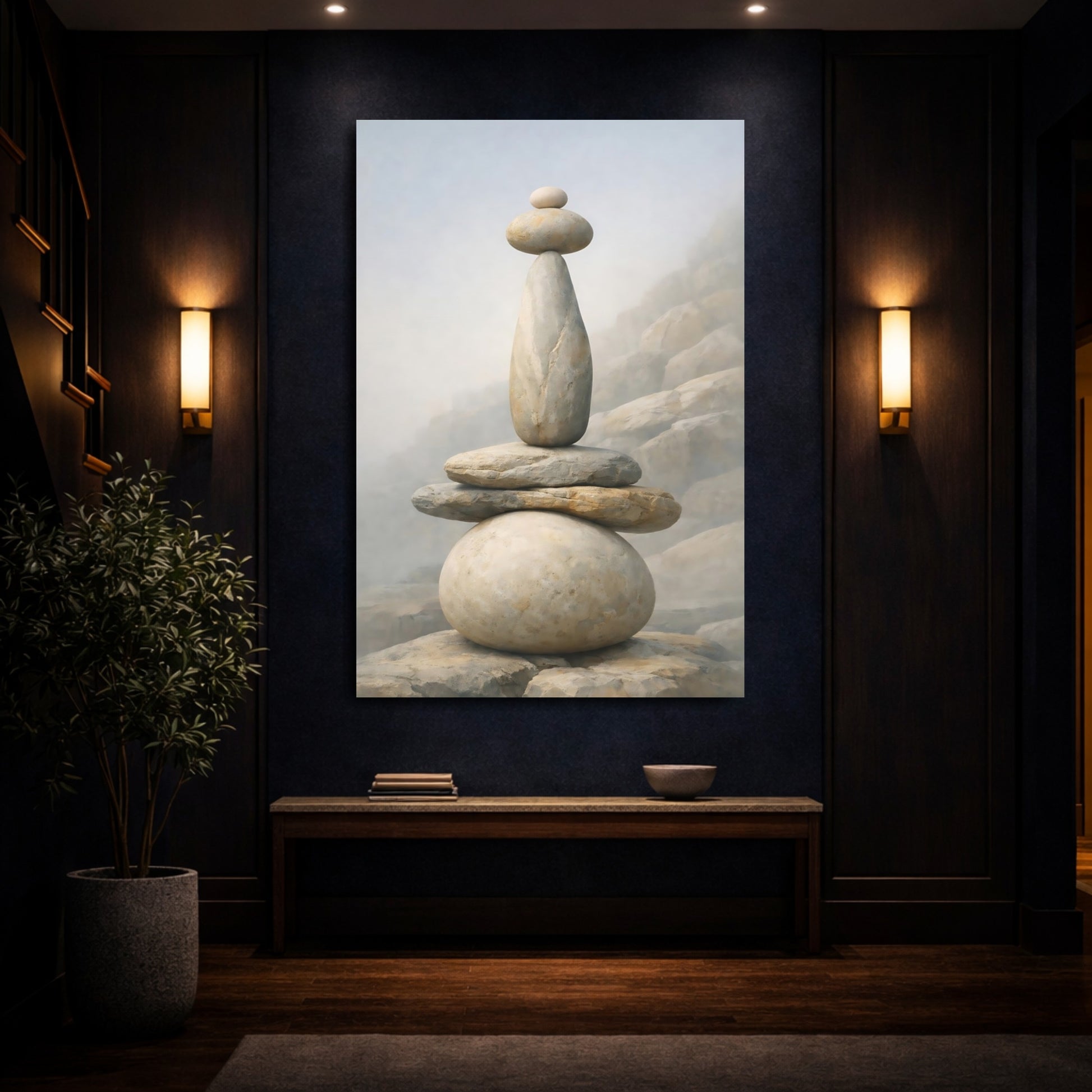 Mockup 3. Nature Stacked Stones Neutral Stones shown as stretched canvas wall art