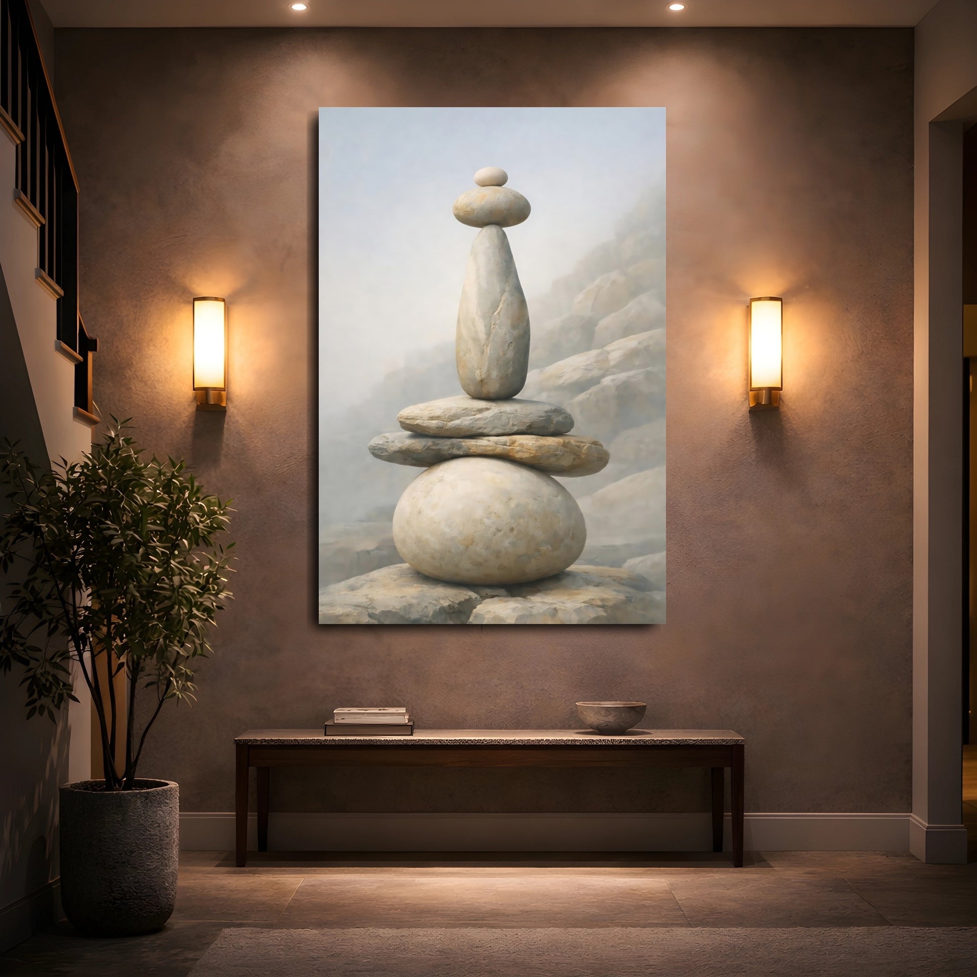 Mockup 4. Nature Stacked Stones Neutral Stones shown as stretched canvas wall art
