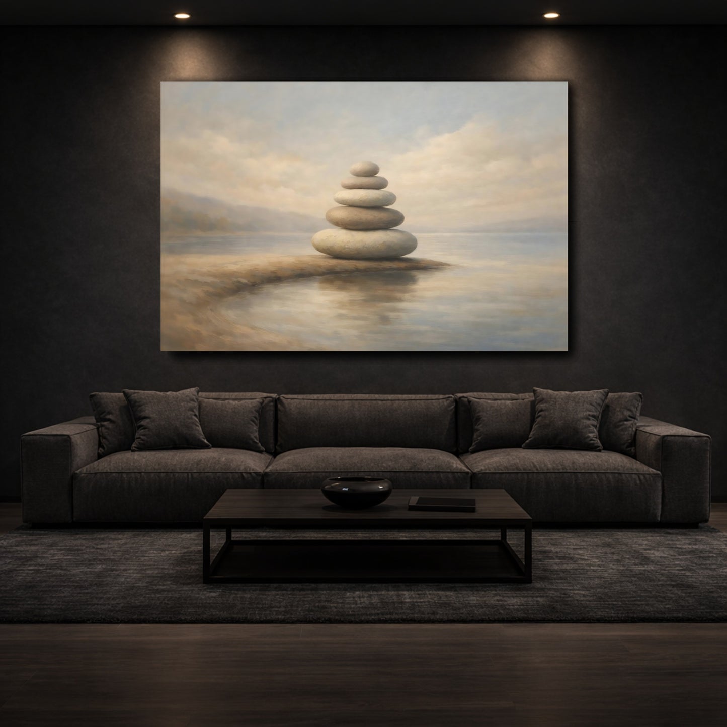 Mockup 2. Nature Stacked Stones Stacked Stones Neutral shown as stretched canvas wall art