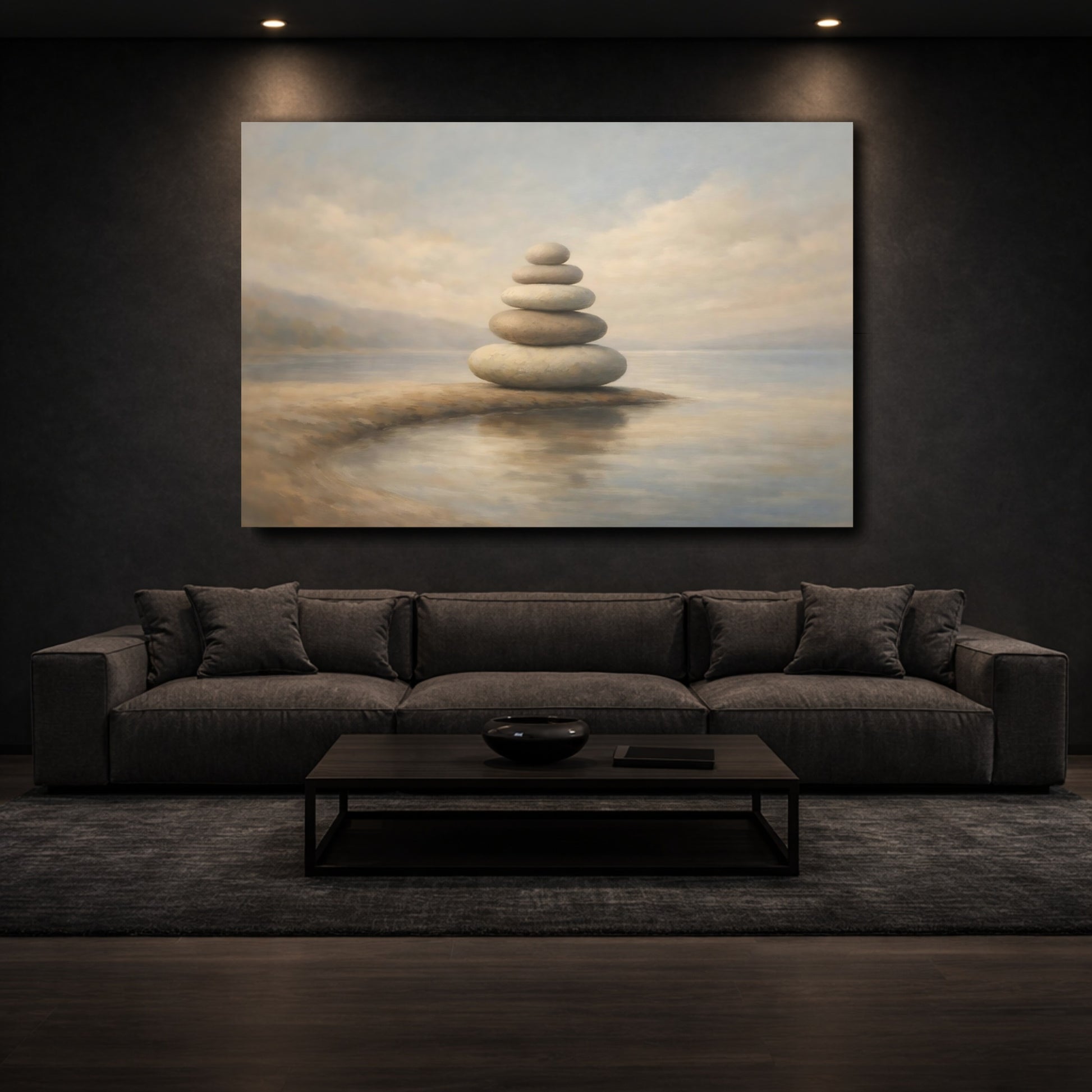 Mockup 2. Nature Stacked Stones Stacked Stones Neutral shown as stretched canvas wall art