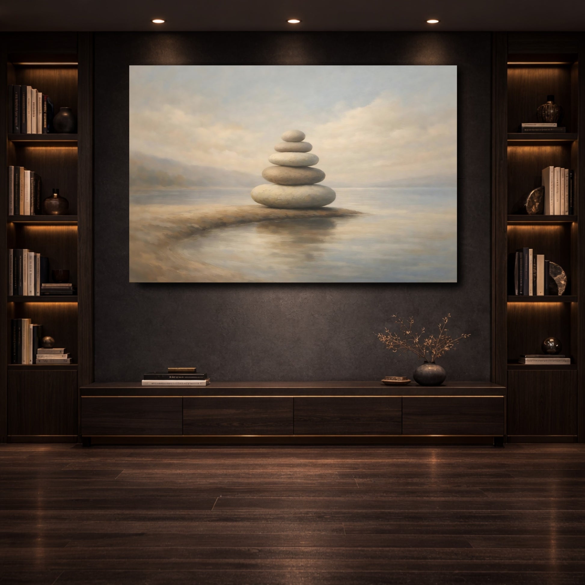 Mockup 3. Nature Stacked Stones Stacked Stones Neutral shown as stretched canvas wall art