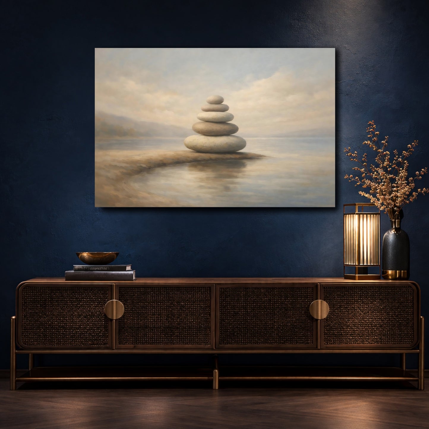 Mockup 4. Nature Stacked Stones Stacked Stones Neutral shown as stretched canvas wall art