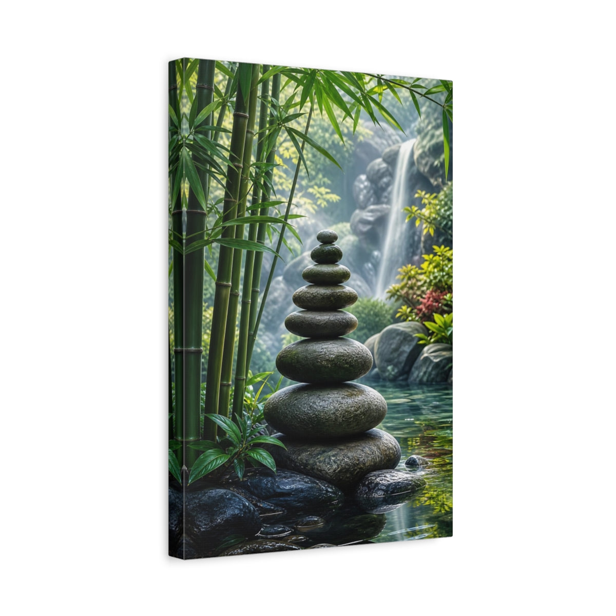 Side Mockup 4. Nature Stacked Stones Zen Garden shown as stretched canvas wall art
