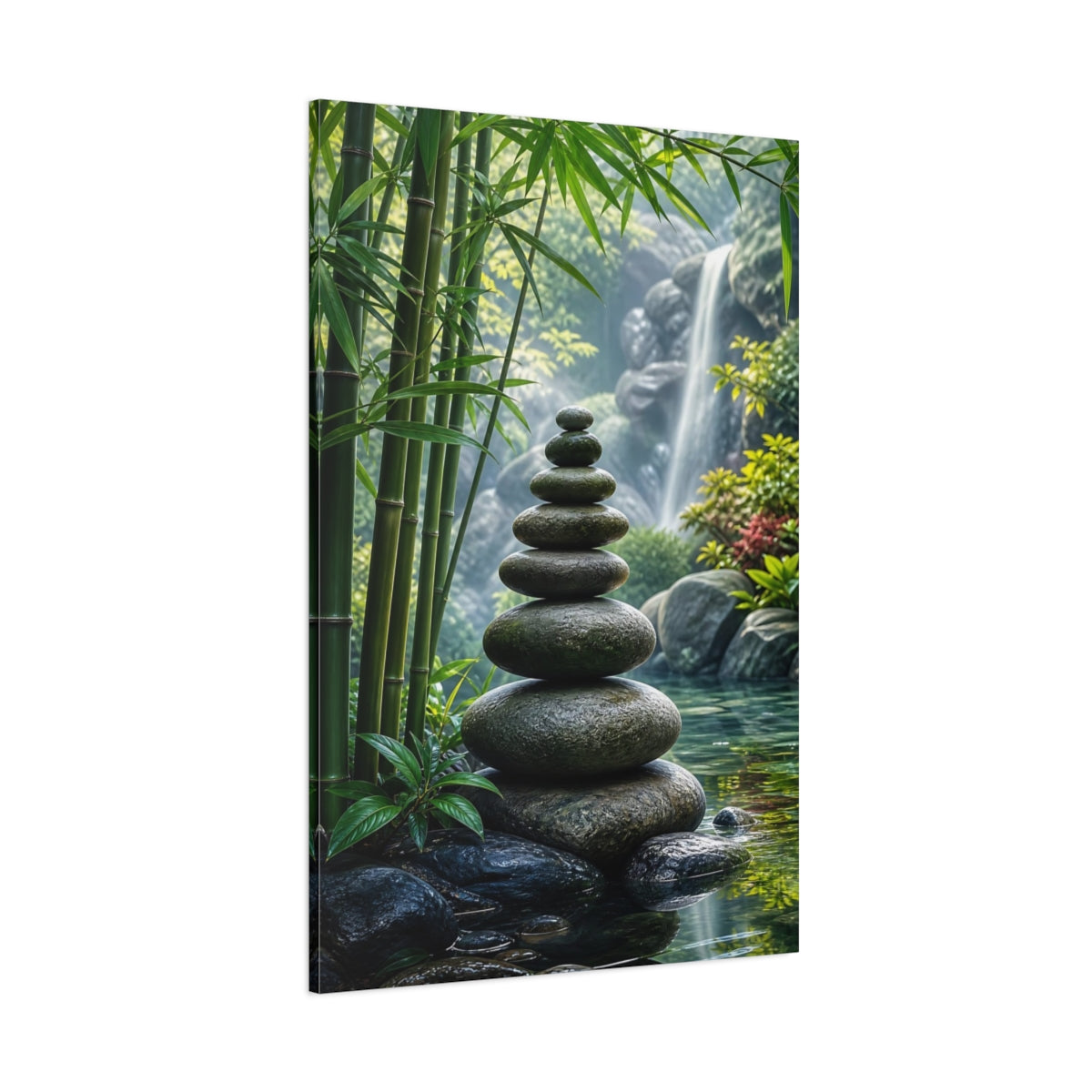 Side Mockup 1. Nature Stacked Stones Zen Garden shown as stretched canvas wall art
