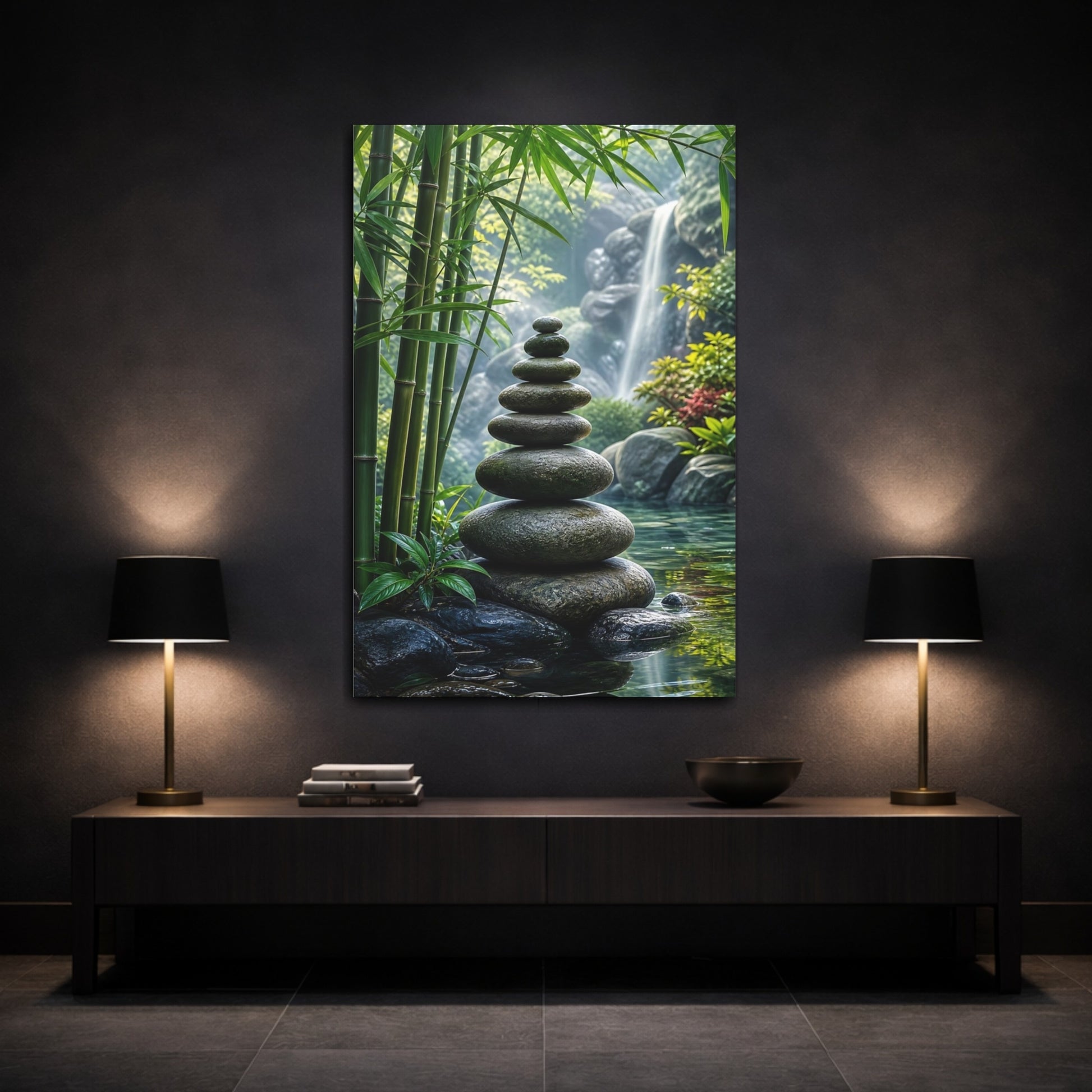 Mockup 3. Nature Stacked Stones Zen Garden shown as stretched canvas wall art