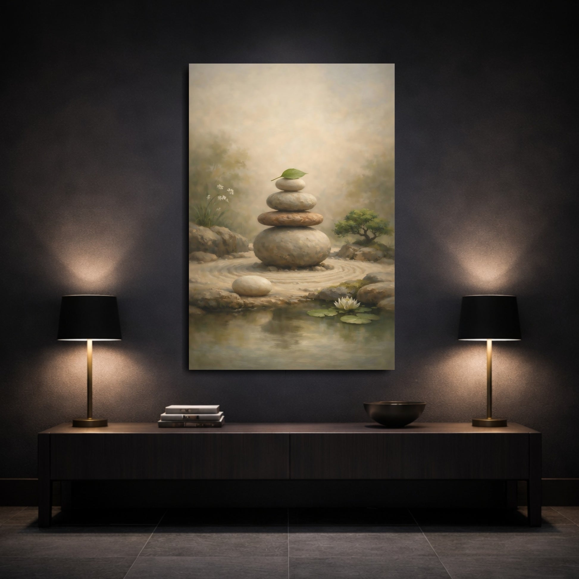 Mockup 2. Nature Stacked Stones Zen Garden Stones shown as stretched canvas wall art