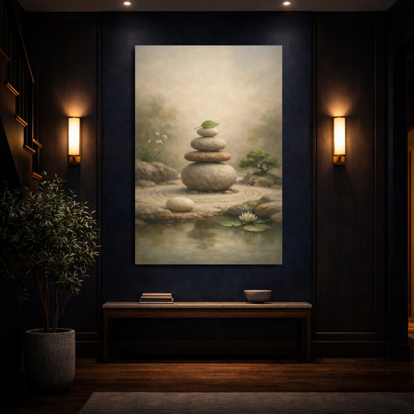 Mockup 3. Nature Stacked Stones Zen Garden Stones shown as stretched canvas wall art
