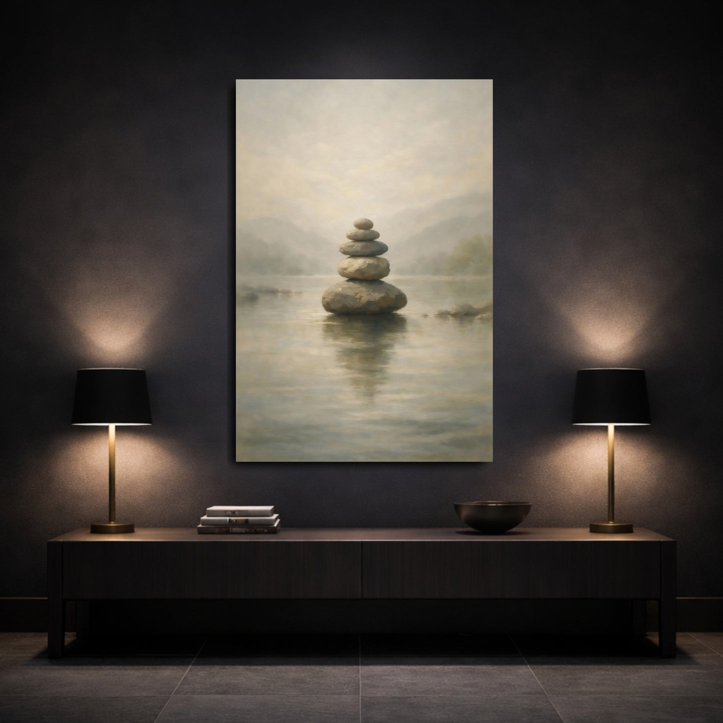 Mockup 2. Nature Stacked Stones Zen Stone Stack shown as stretched canvas wall art