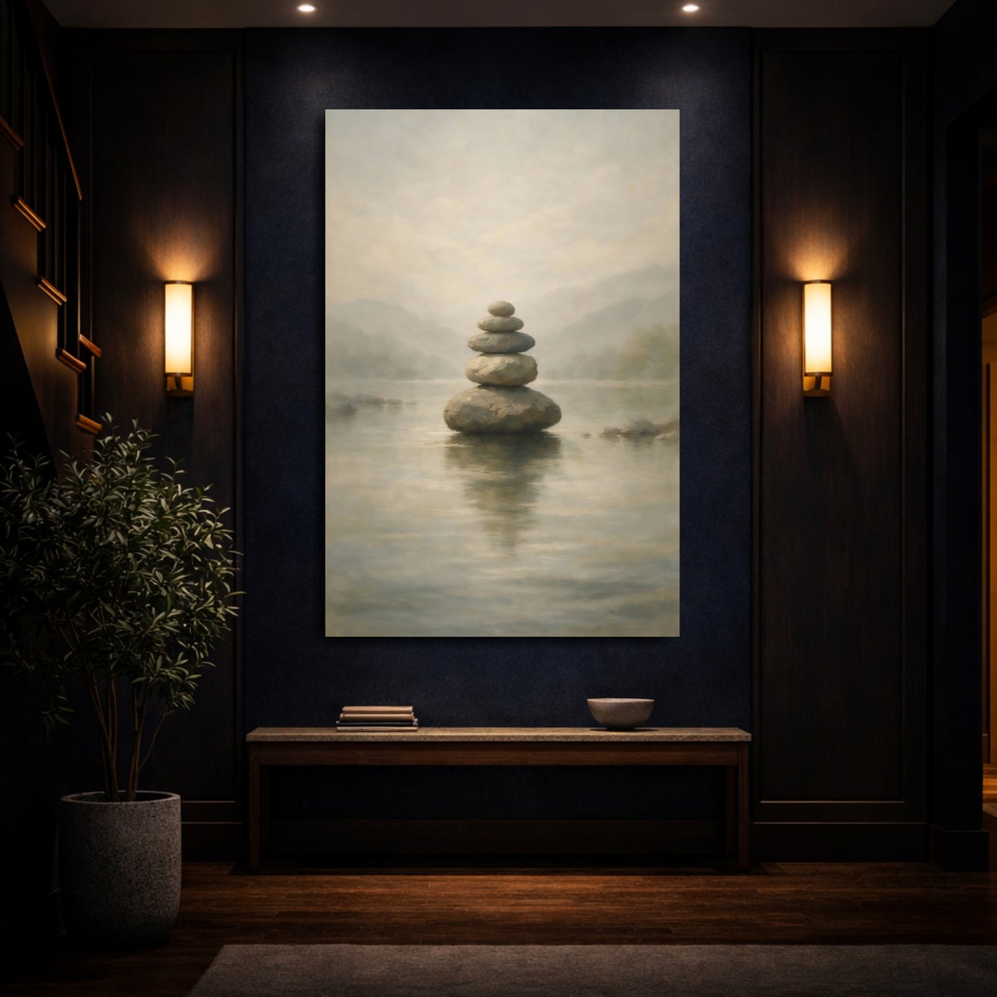 Mockup 3. Nature Stacked Stones Zen Stone Stack shown as stretched canvas wall art