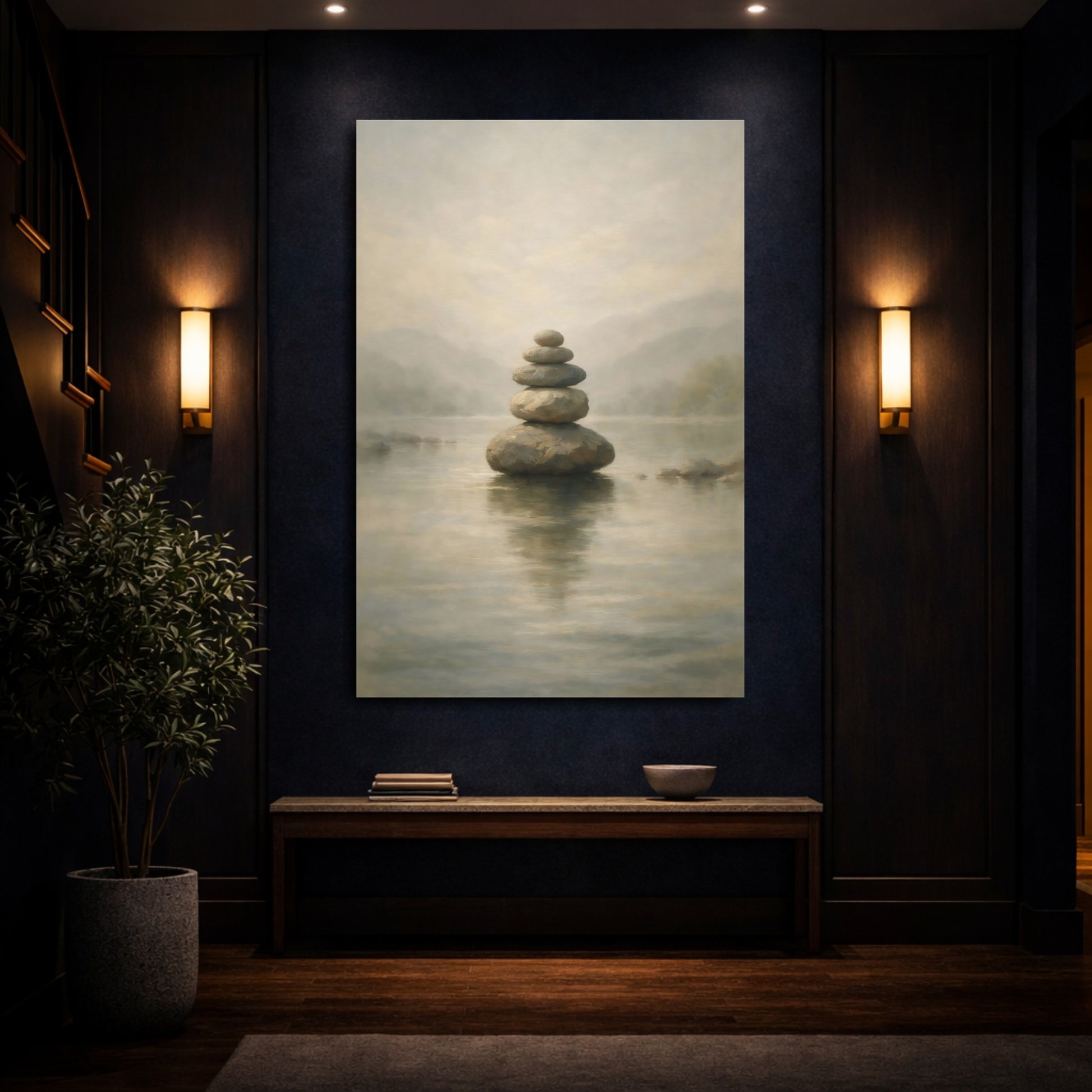 Mockup 3. Nature Stacked Stones Zen Stone Stack shown as stretched canvas wall art