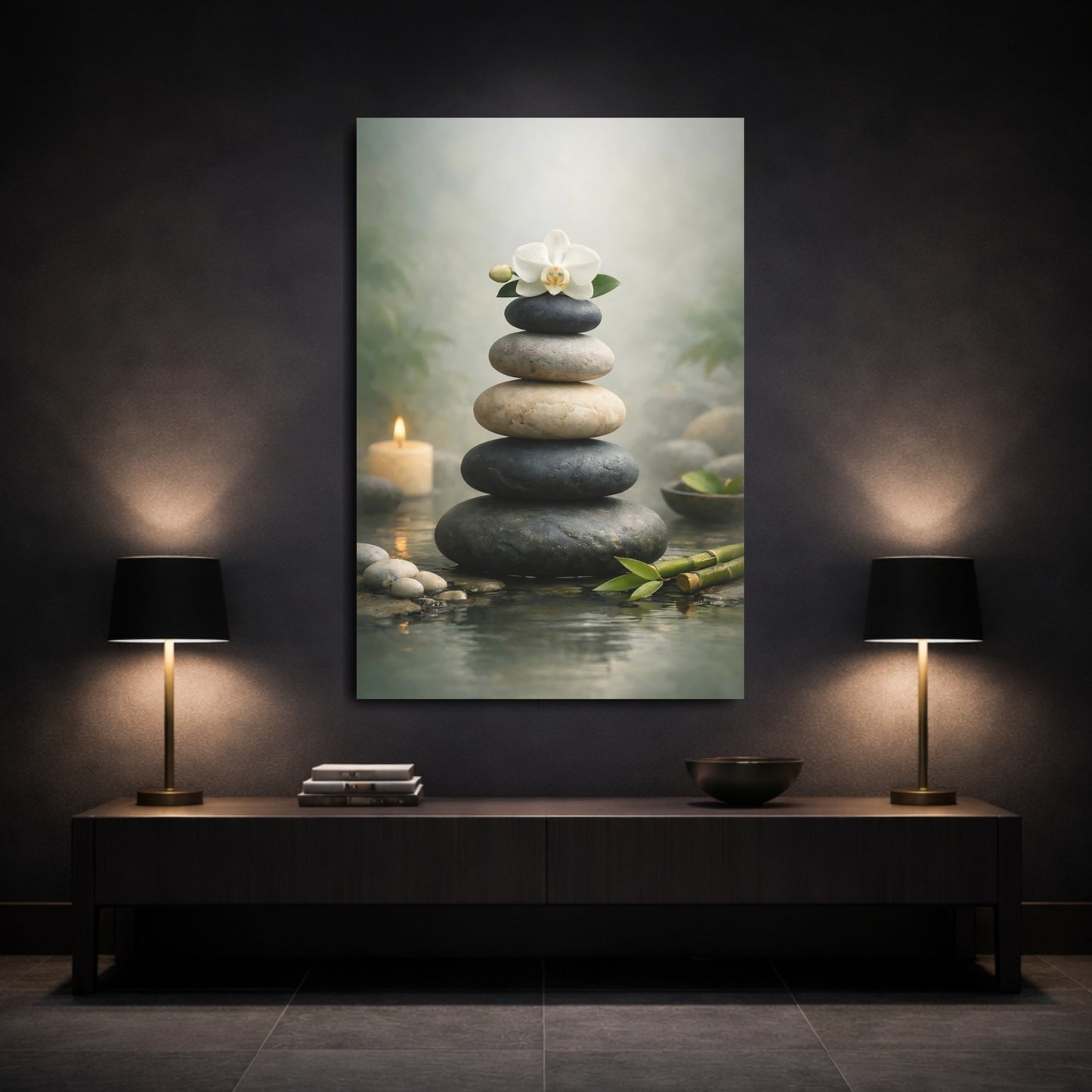 Nature Stacked Stones Zen Stones Orchid shown as front canvas room wall art