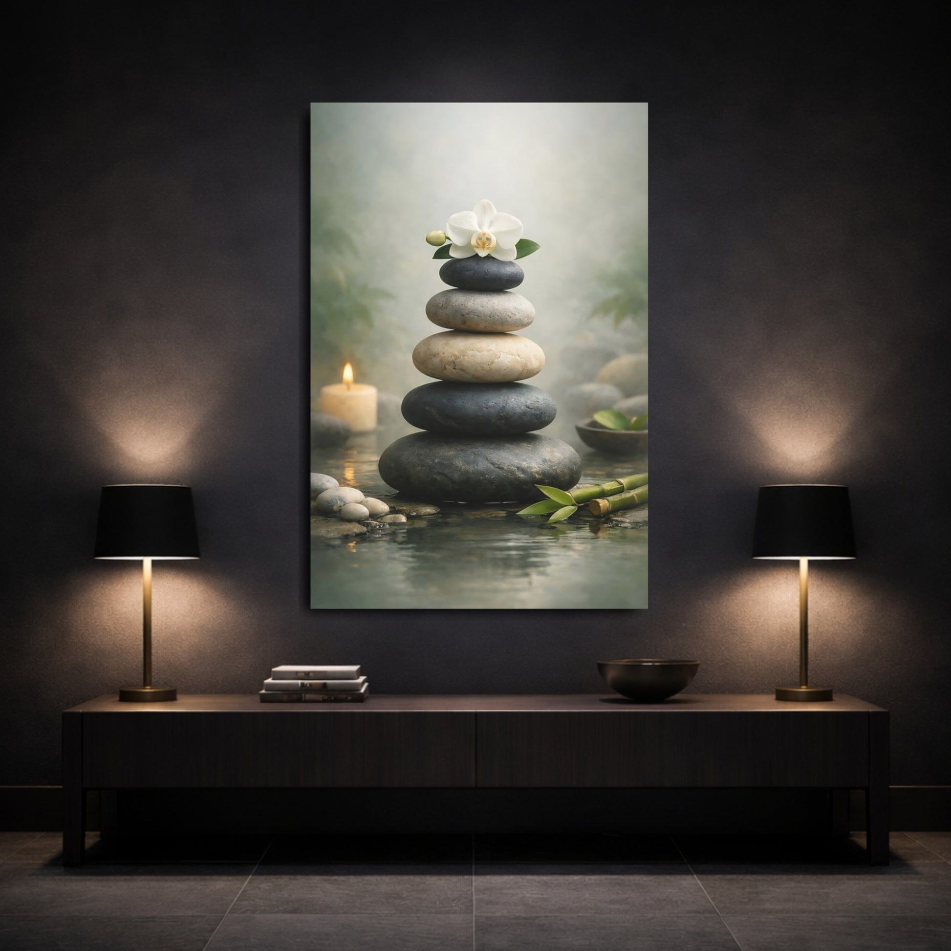 Nature Stacked Stones Zen Stones Orchid shown as front canvas room wall art