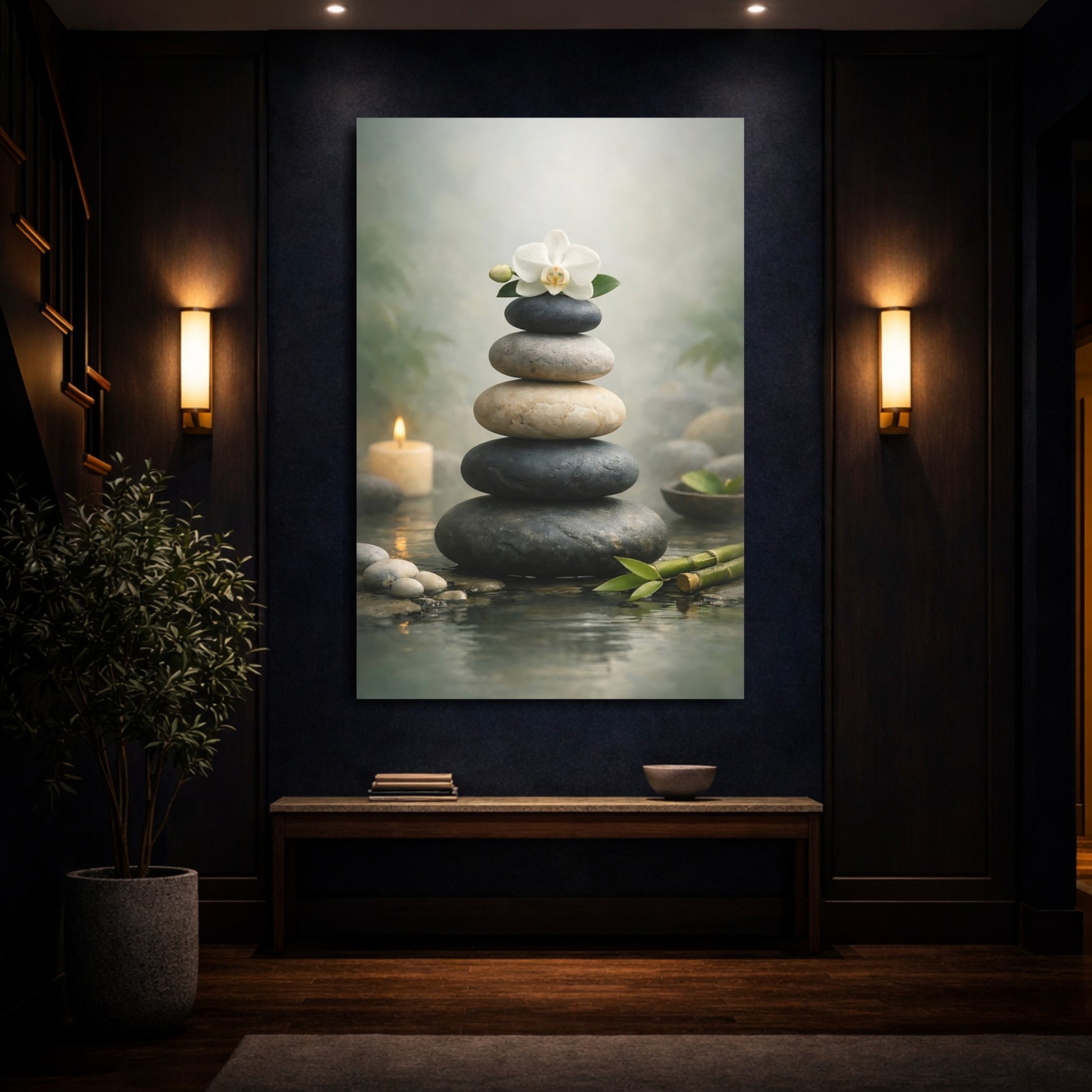 Nature Stacked Stones Zen Stones Orchid shown as front canvas room wall art