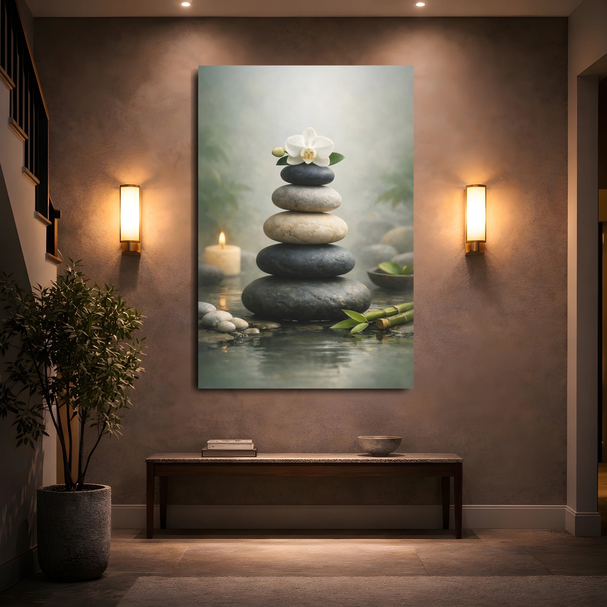 Nature Stacked Stones Zen Stones Orchid shown as front canvas room wall art