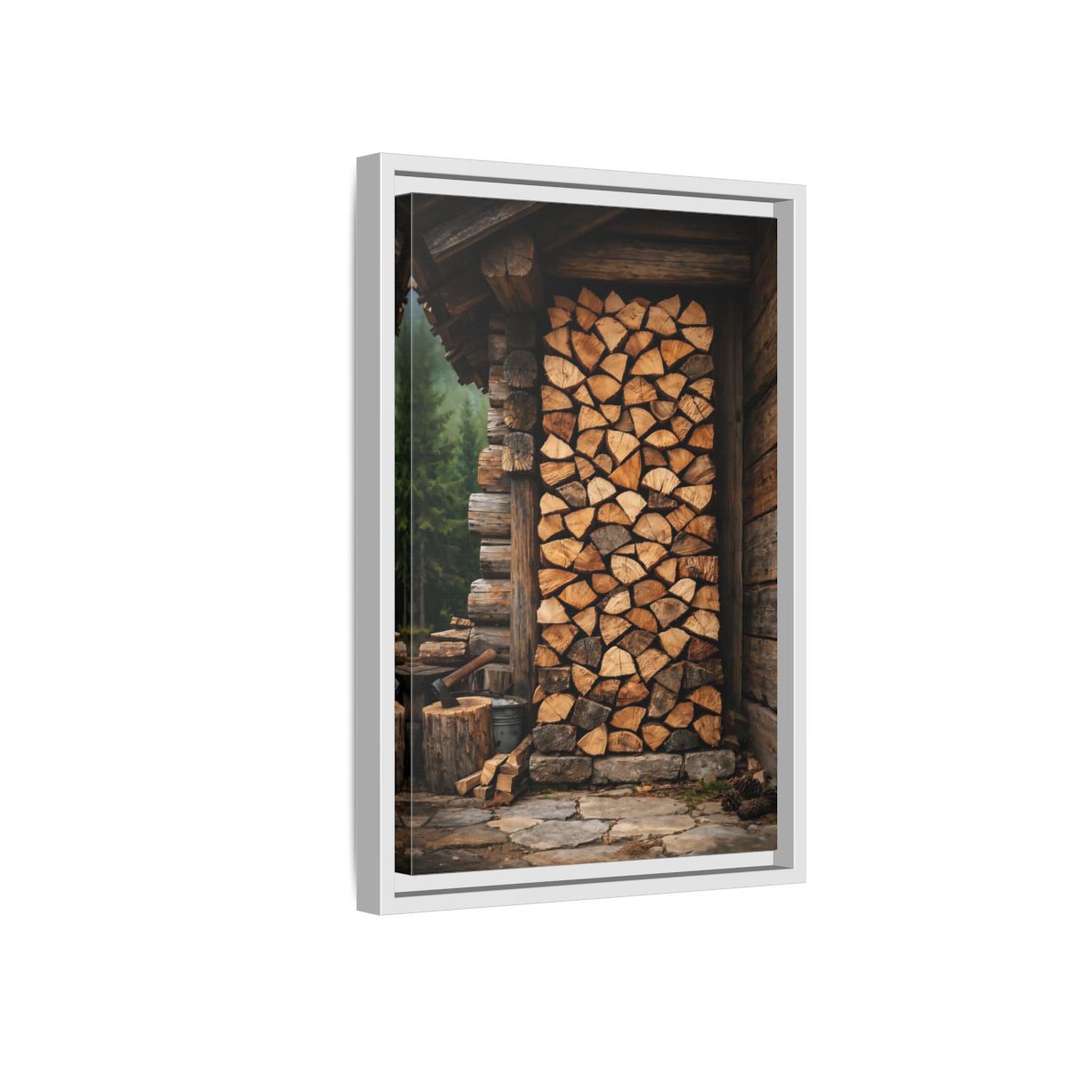 Side Mockup 4. Nature Stacked Wood Brown Wood Stack shown as stretched canvas wall art