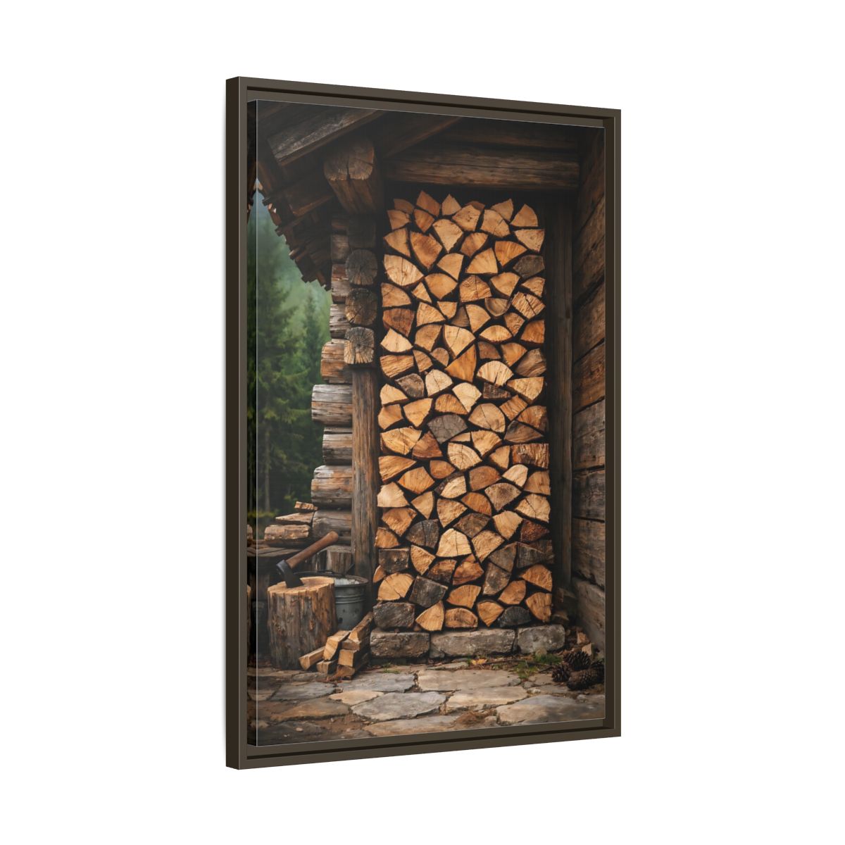 Side Mockup 12. Nature Stacked Wood Brown Wood Stack shown as stretched canvas wall art