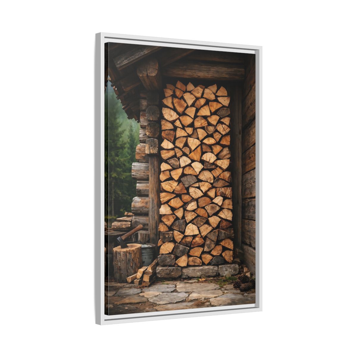 Side Mockup 11. Nature Stacked Wood Brown Wood Stack shown as stretched canvas wall art