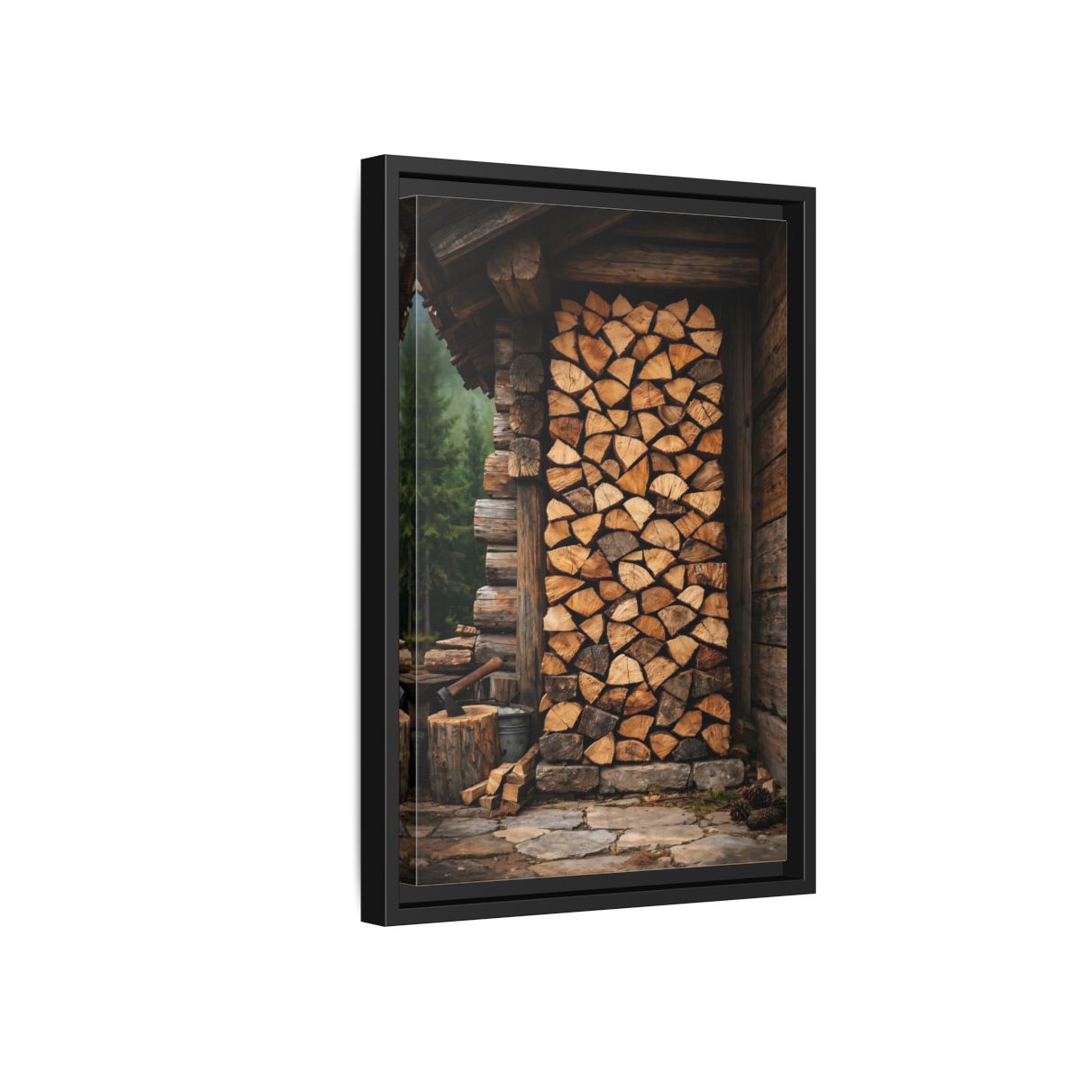 Side Mockup 6. Nature Stacked Wood Brown Wood Stack shown as stretched canvas wall art