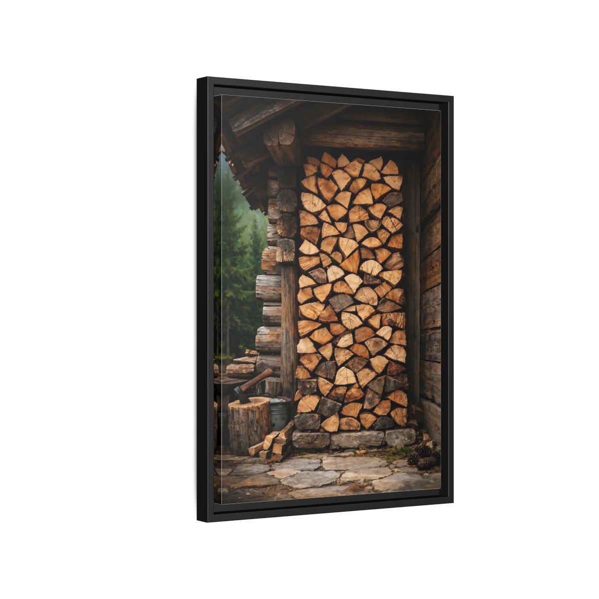 Side Mockup 3. Nature Stacked Wood Brown Wood Stack shown as stretched canvas wall art