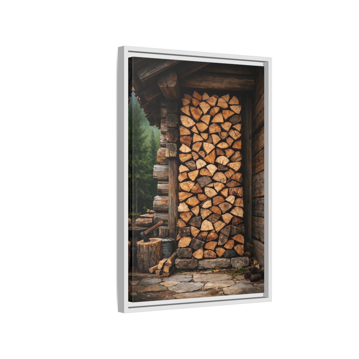 Side Mockup 1. Nature Stacked Wood Brown Wood Stack shown as stretched canvas wall art
