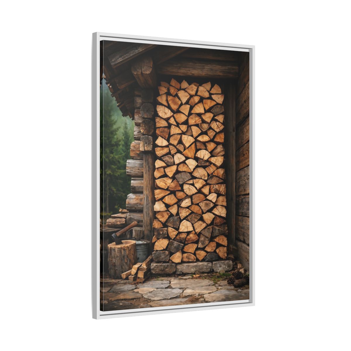 Side Mockup 9. Nature Stacked Wood Brown Wood Stack shown as stretched canvas wall art
