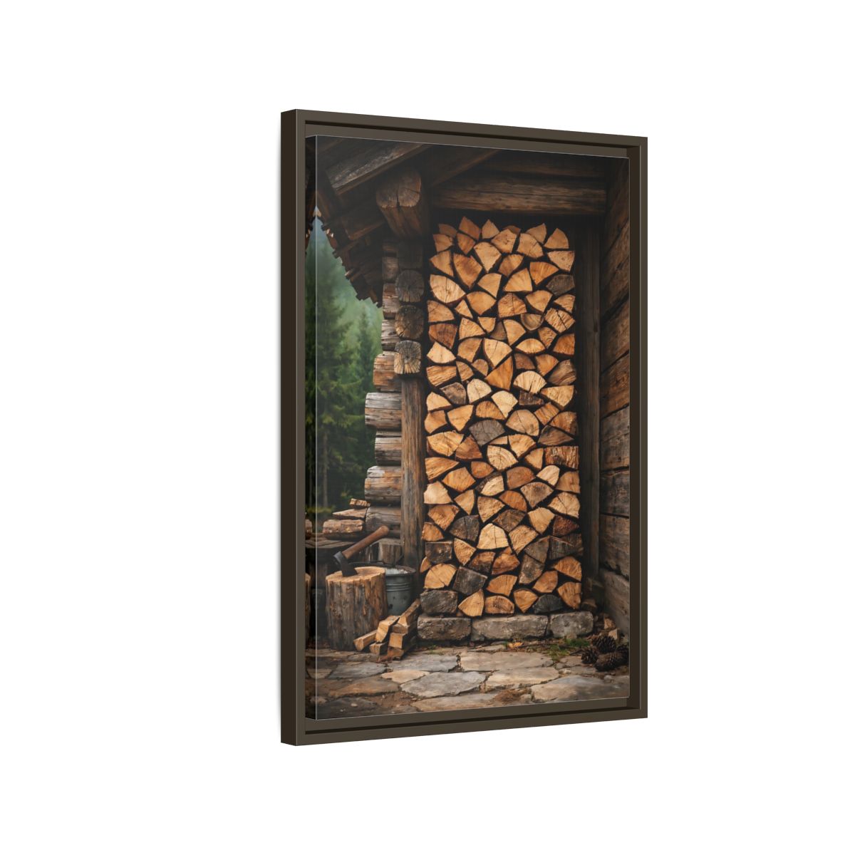 Side Mockup 2. Nature Stacked Wood Brown Wood Stack shown as stretched canvas wall art