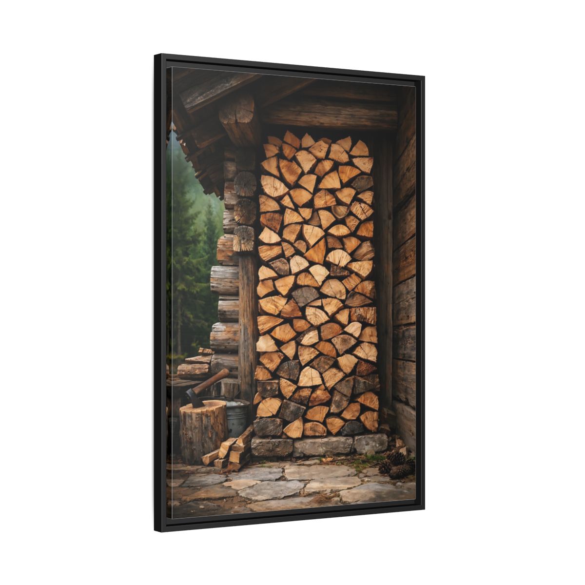 Side Mockup 13. Nature Stacked Wood Brown Wood Stack shown as stretched canvas wall art