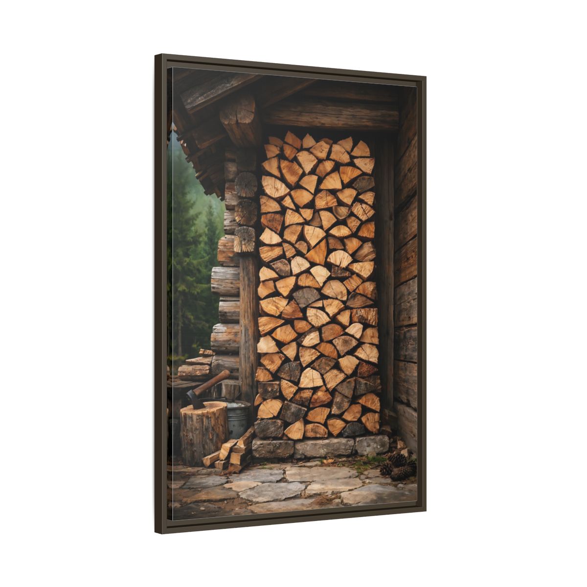 Side Mockup 10. Nature Stacked Wood Brown Wood Stack shown as stretched canvas wall art