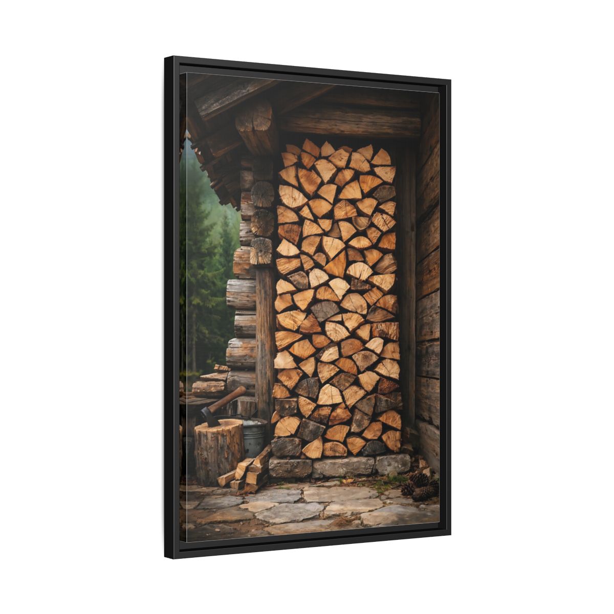 Side Mockup 14. Nature Stacked Wood Brown Wood Stack shown as stretched canvas wall art