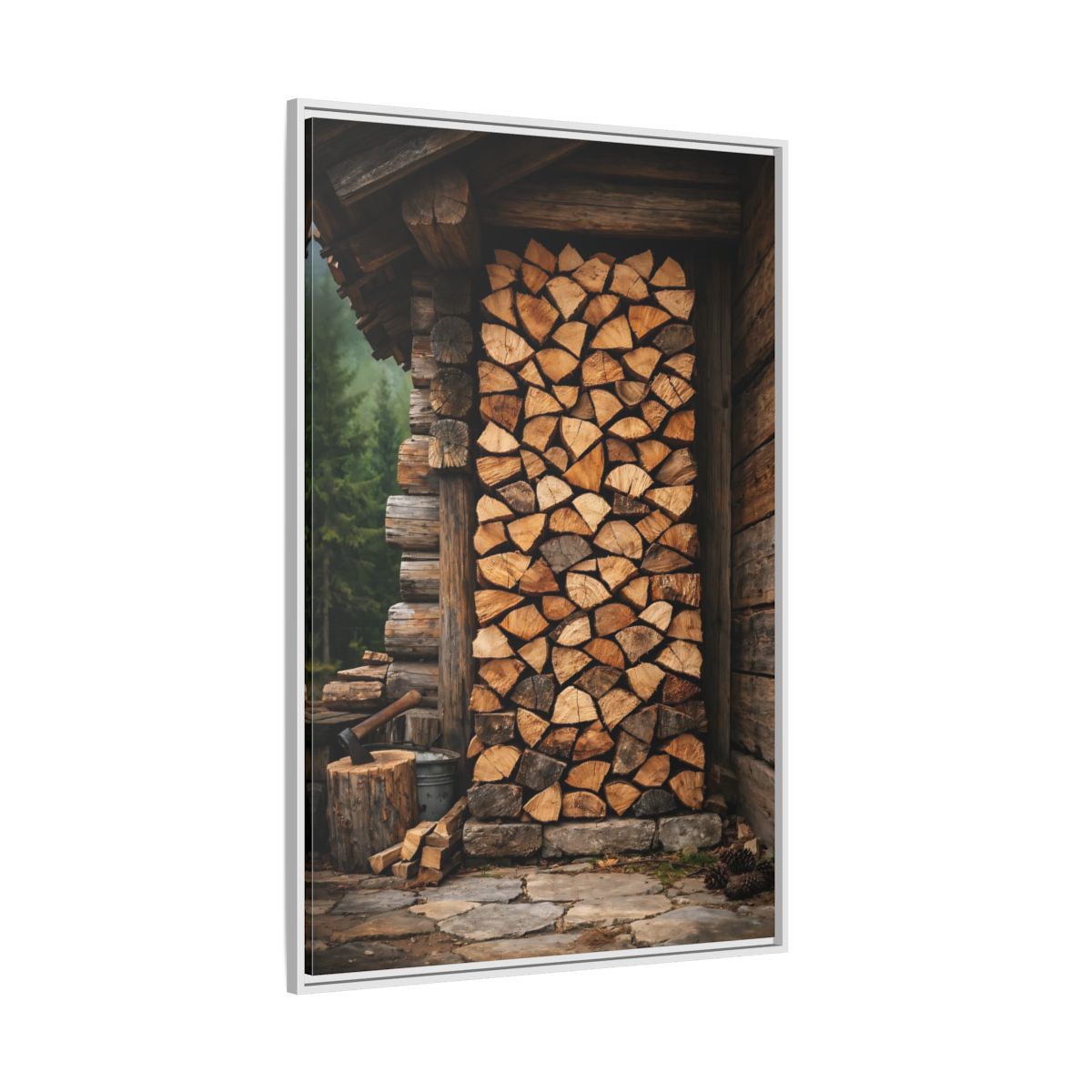 Side Mockup 7. Nature Stacked Wood Brown Wood Stack shown as stretched canvas wall art