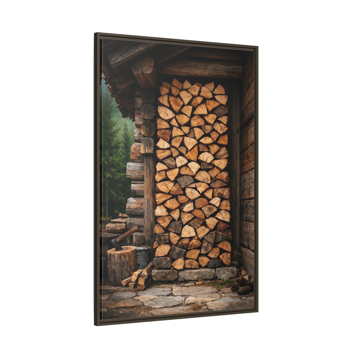 Side Mockup 8. Nature Stacked Wood Brown Wood Stack shown as stretched canvas wall art