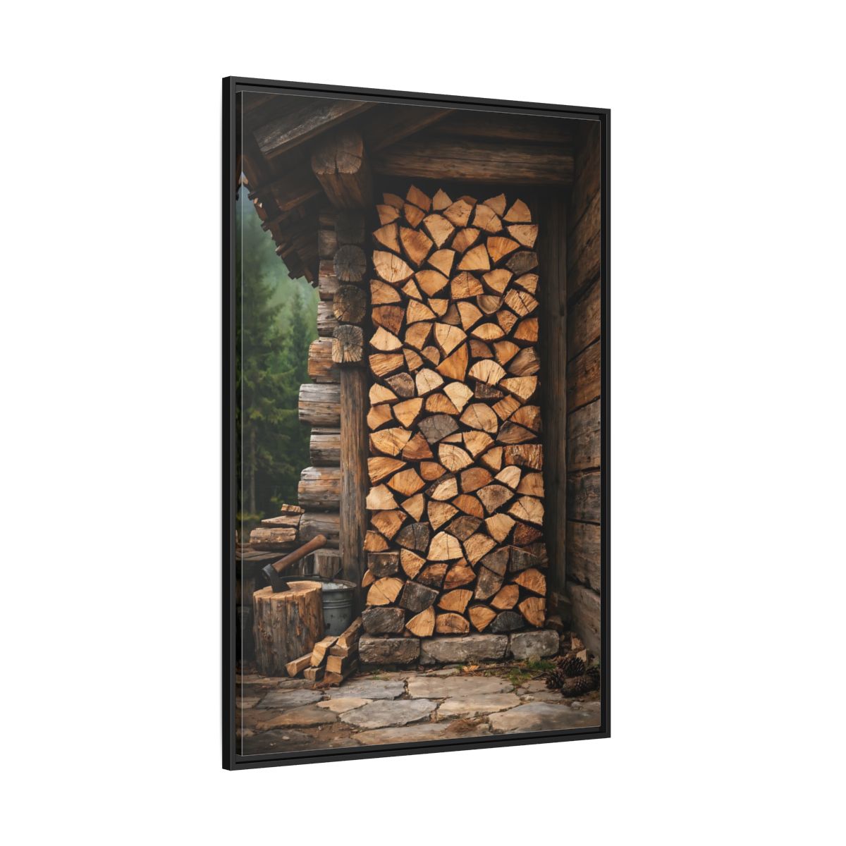 Main Mockup. Nature Stacked Wood Brown Wood Stack shown as stretched canvas wall art