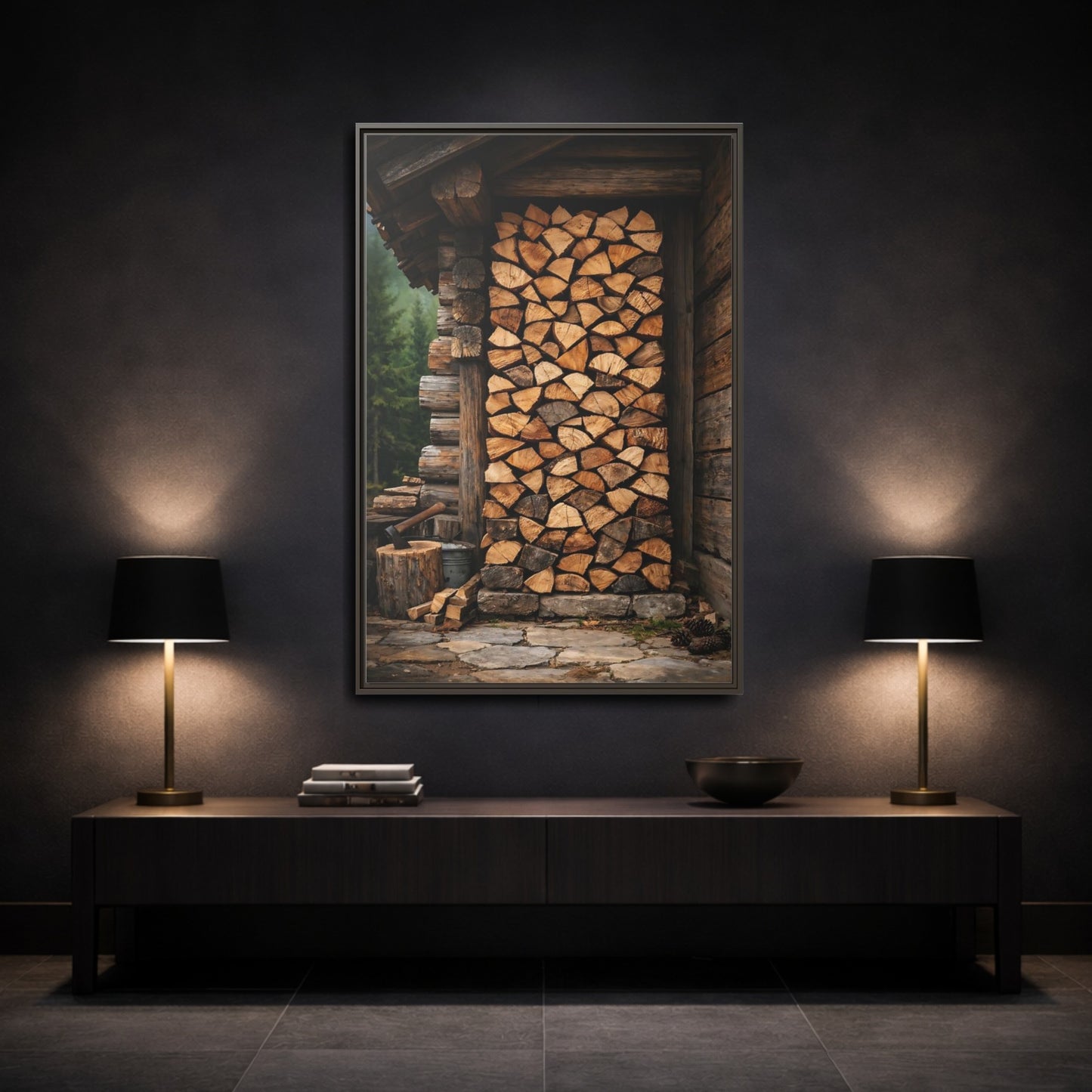 Mockup 2. Nature Stacked Wood Brown Wood Stack shown as stretched canvas wall art