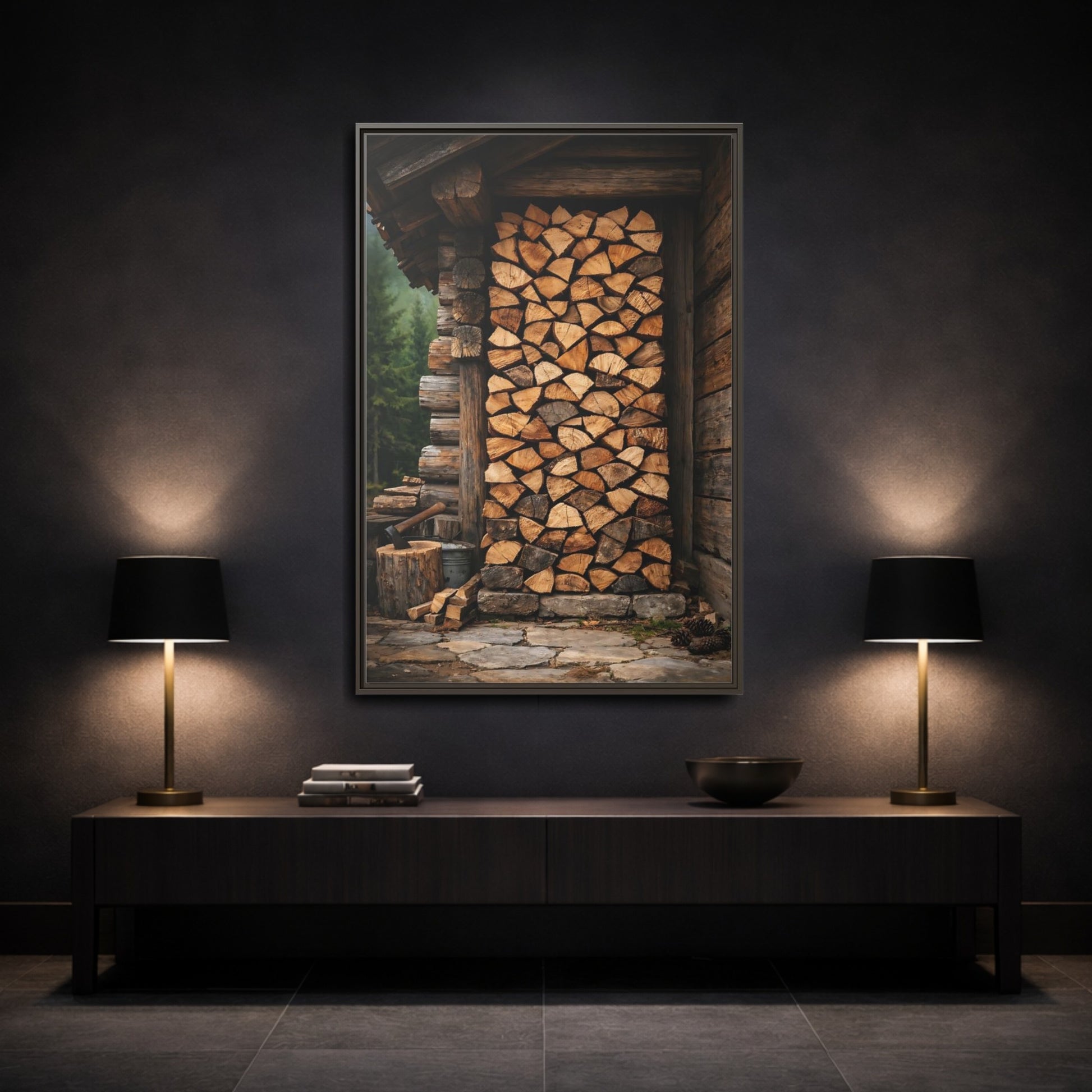 Mockup 2. Nature Stacked Wood Brown Wood Stack shown as stretched canvas wall art