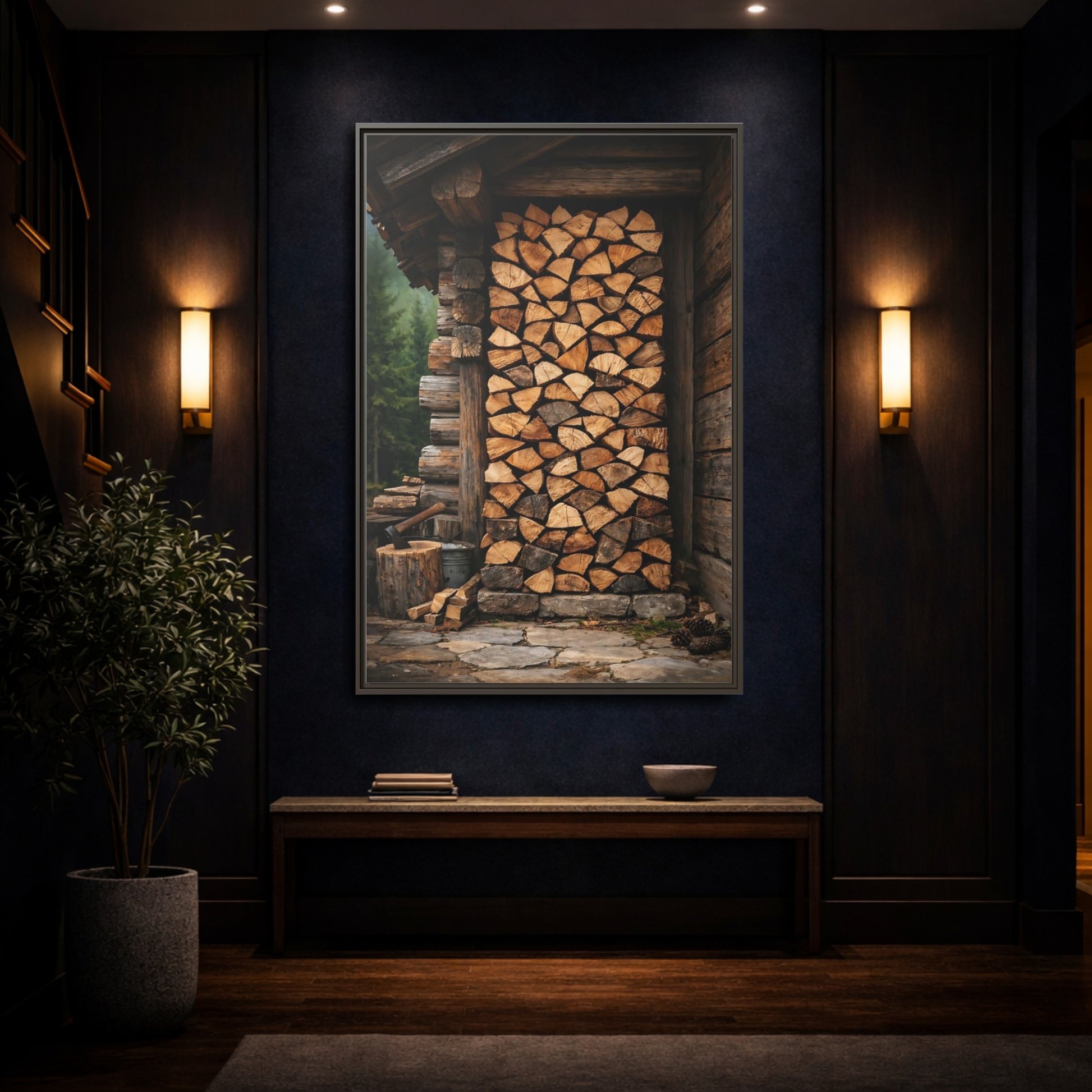 Mockup 3. Nature Stacked Wood Brown Wood Stack shown as stretched canvas wall art
