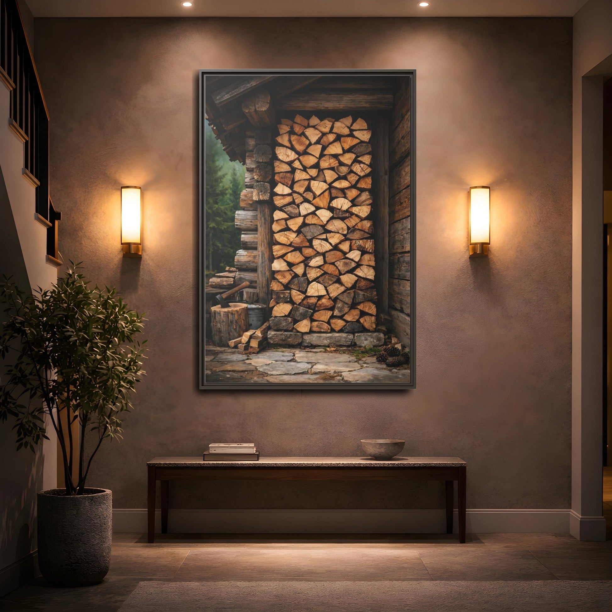 Mockup 4. Nature Stacked Wood Brown Wood Stack shown as stretched canvas wall art
