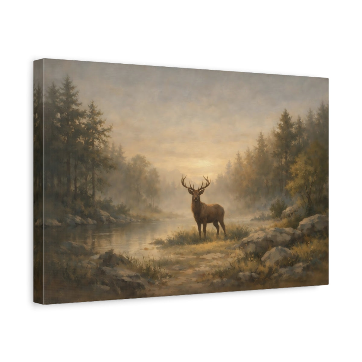 Side Mockup 4. Nature Stag Brown And Gold shown as stretched canvas wall art